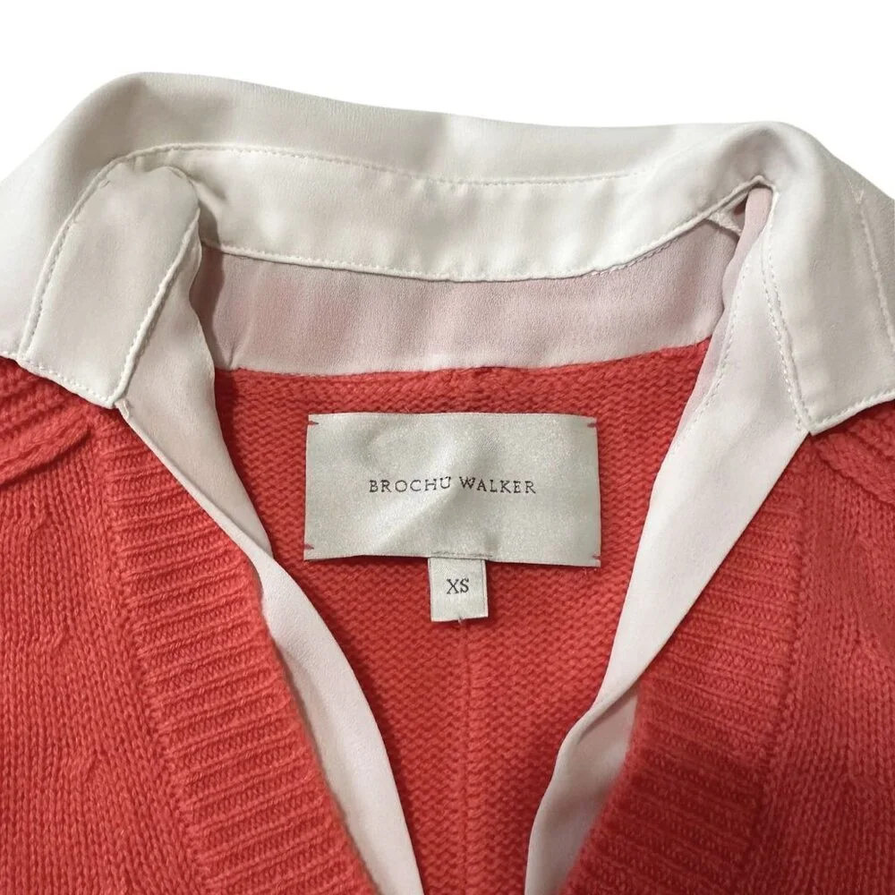Brochu Walker The Looker Layered V-Neck Pullover Sweater. Size XS, Coral, white